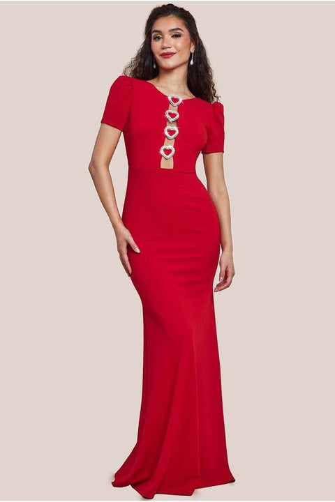 Goddiva Diamante Embellished Heart Brooch Scuba Maxi Dress - Red