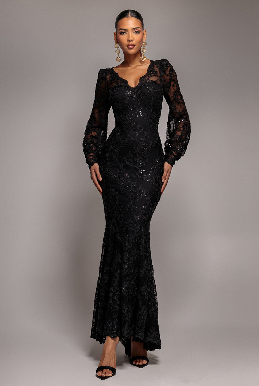 Embroidered Lace Scalloped Edge Maxi Dress - Black