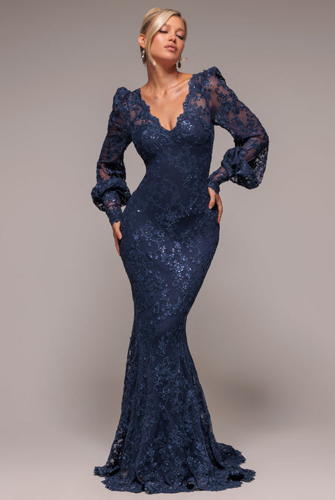 Goddiva Embroidered Lace Scalloped Edge Maxi Dress - Navy Blue