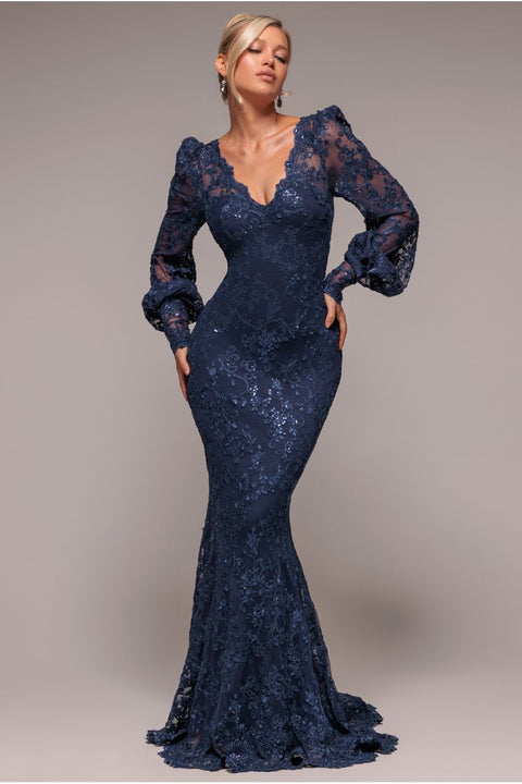 Goddiva Embroidered Lace Scalloped Edge Maxi Dress - Navy Blue