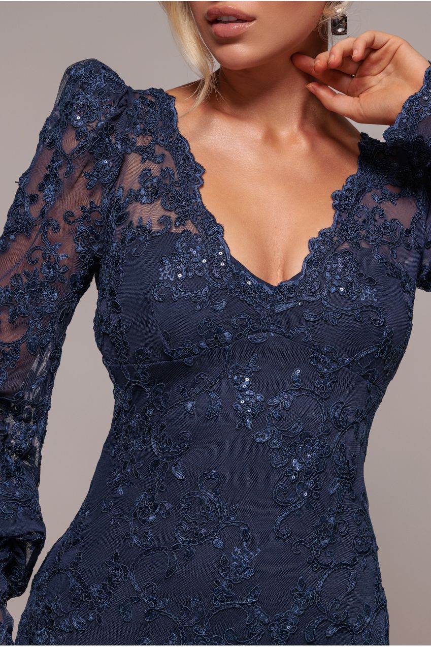 Goddiva Embroidered Lace Scalloped Edge Maxi Dress - Navy Blue