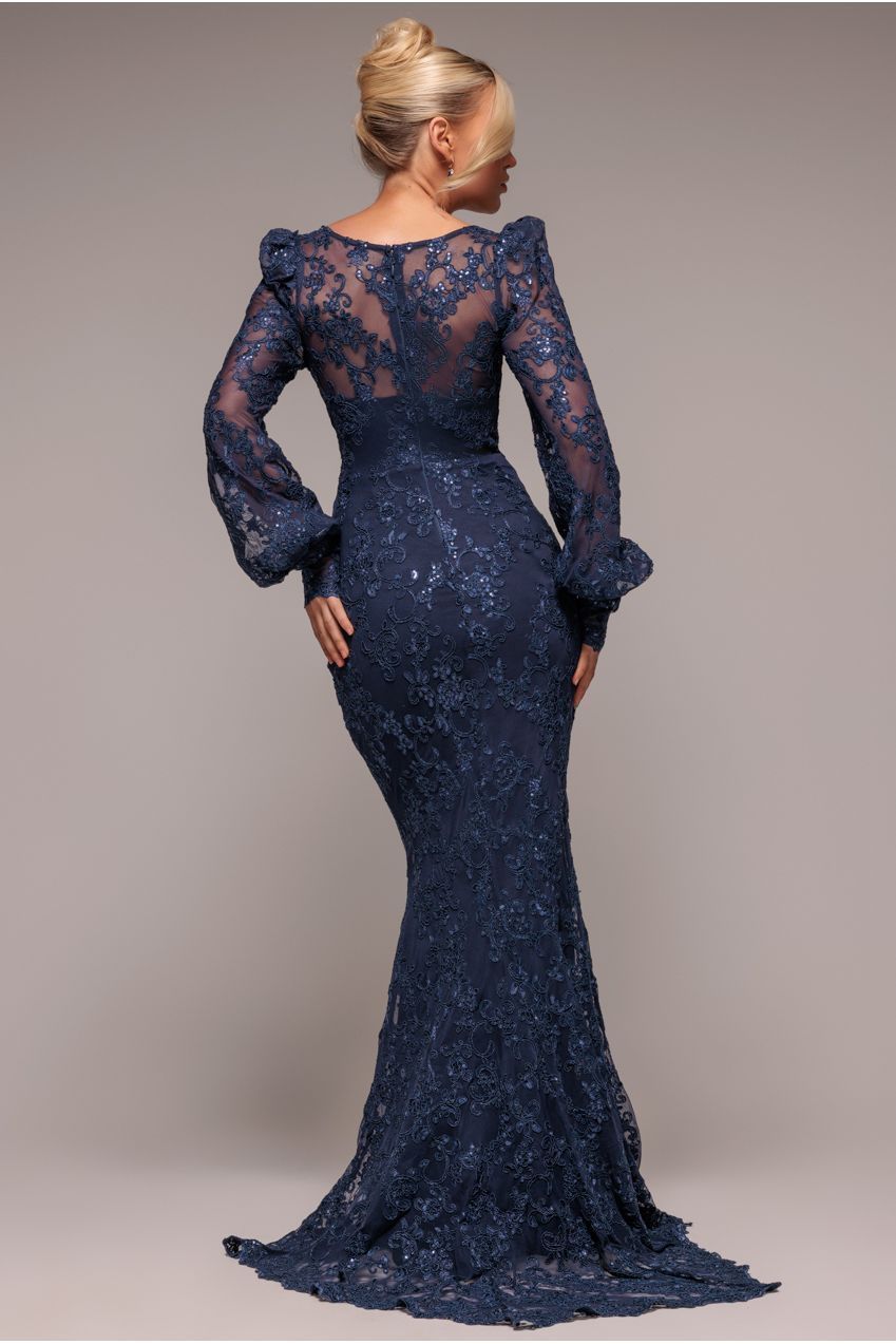 Goddiva Embroidered Lace Scalloped Edge Maxi Dress - Navy Blue