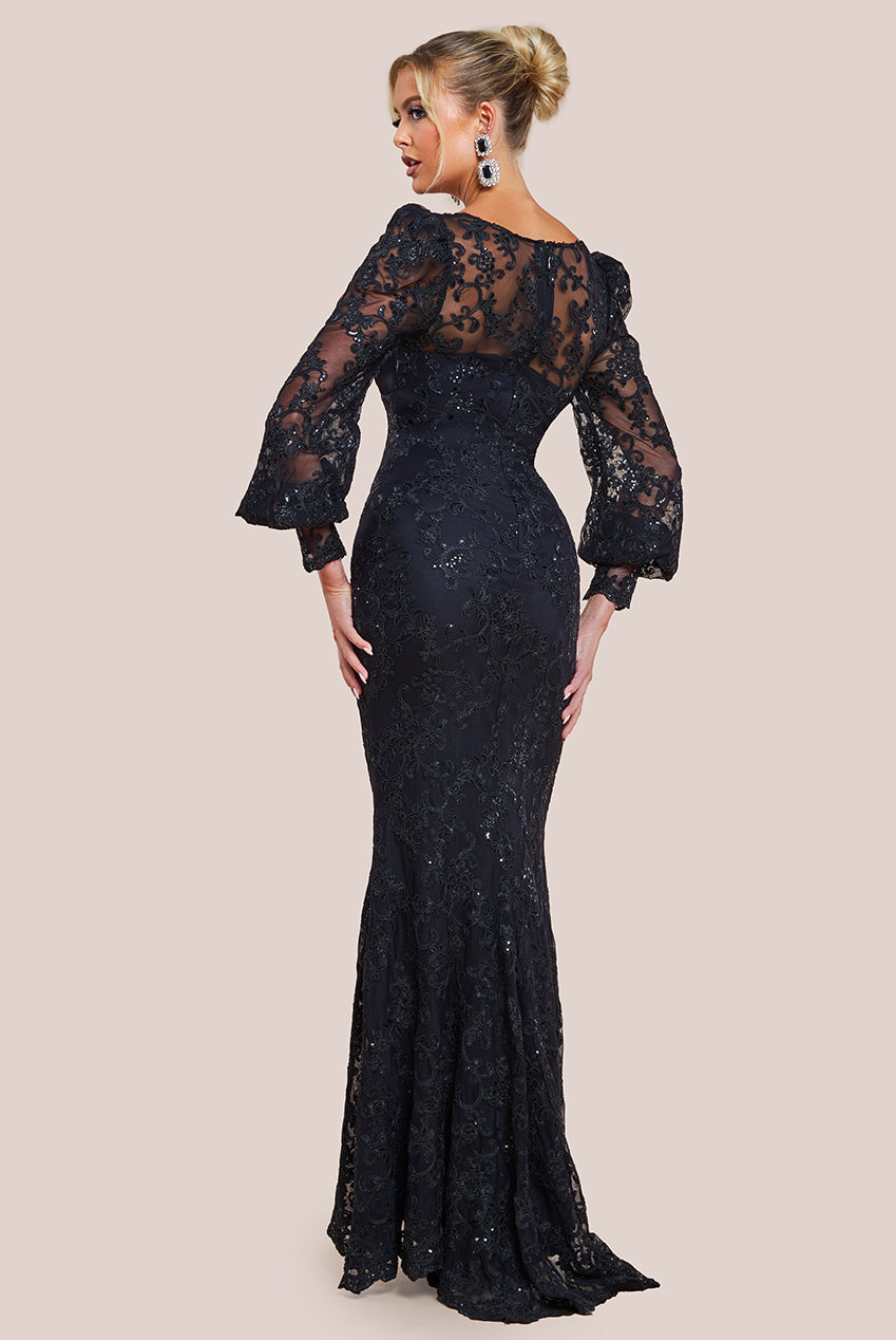 Goddiva Embroidered Lace Scalloped Edge Maxi Dress - Black