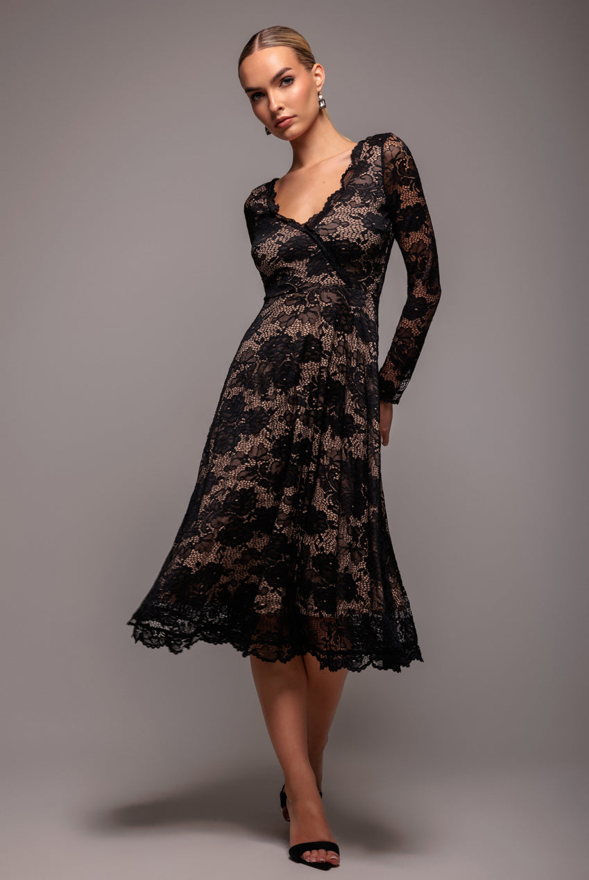 Goddiva Scalloped Lace A-line Midi Dress - Black