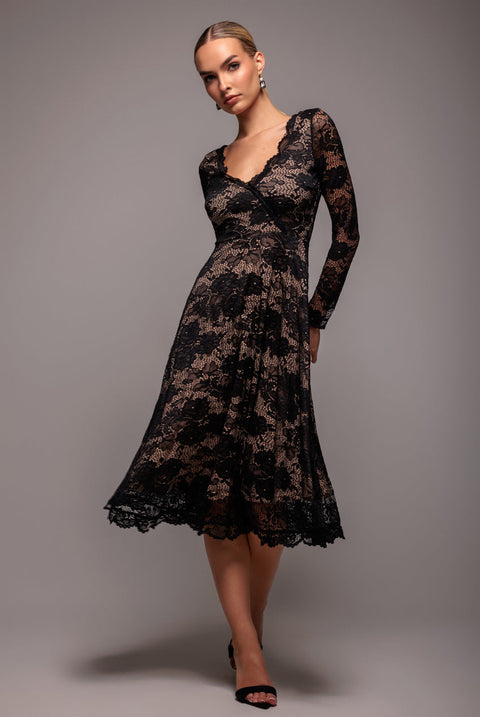 Goddiva Scalloped Lace A-line Midi Dress - Black