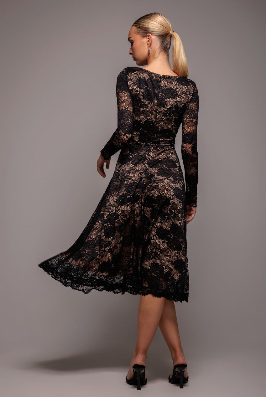 Goddiva Scalloped Lace A-line Midi Dress - Black