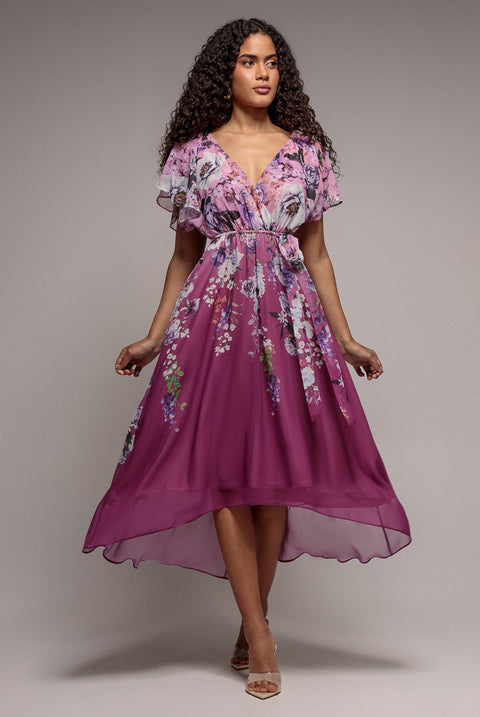 Goddiva Flutter Sleeve A-Line Chiffon Floral Printed Midi Dress - Magenta
