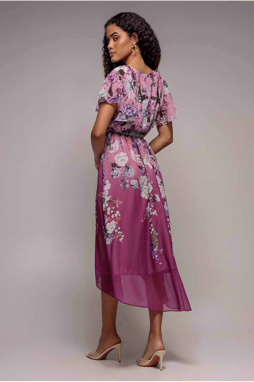 Goddiva Flutter Sleeve A-Line Chiffon Floral Printed Midi Dress - Magenta