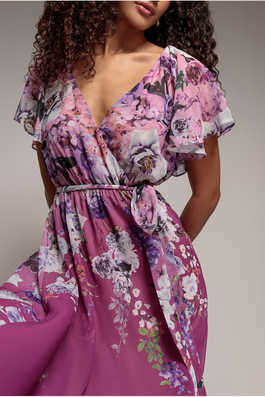 Goddiva Flutter Sleeve A-Line Chiffon Floral Printed Midi Dress - Magenta