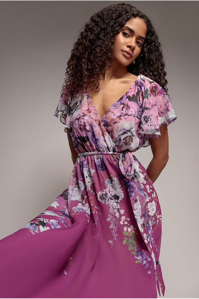 Goddiva Flutter Sleeve A-Line Chiffon Floral Printed Midi Dress