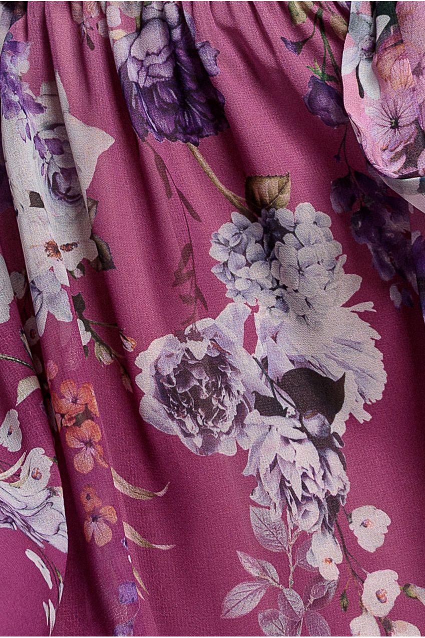 Goddiva Flutter Sleeve A-Line Chiffon Floral Printed Midi Dress - Magenta
