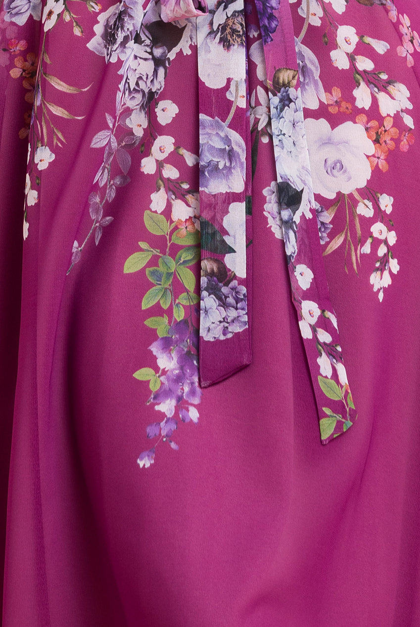 Goddiva Flutter Sleeve A-Line Chiffon Floral Printed Midi Dress - Magenta