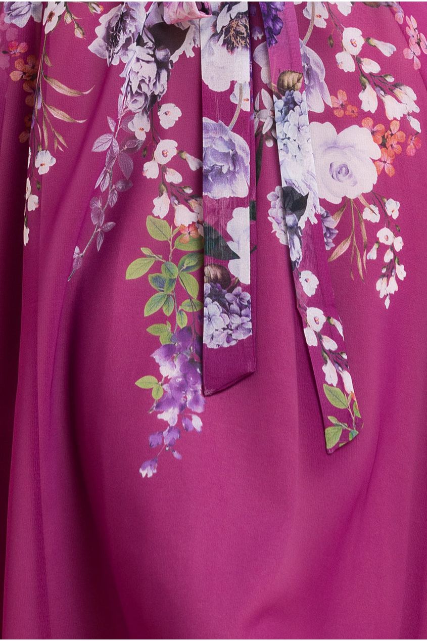 Goddiva Flutter Sleeve A-Line Chiffon Floral Printed Midi Dress - Magenta