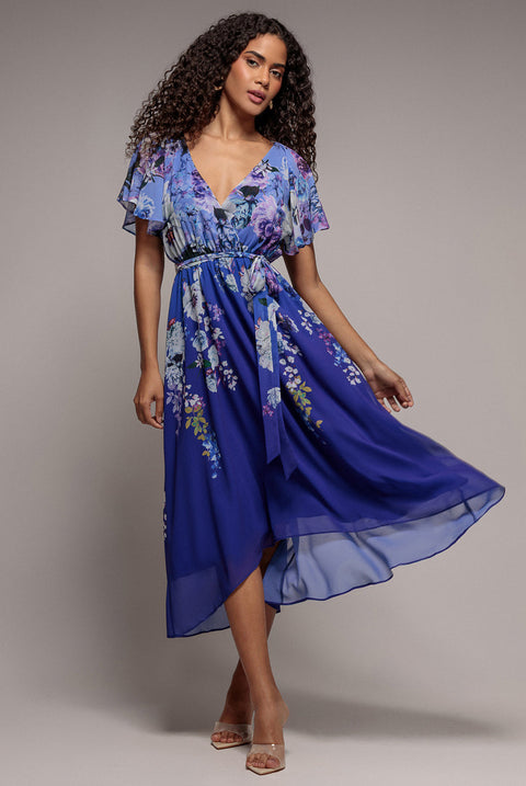 Goddiva Flutter Sleeve A-Line Chiffon Floral Printed Midi Dress - Royal Blue