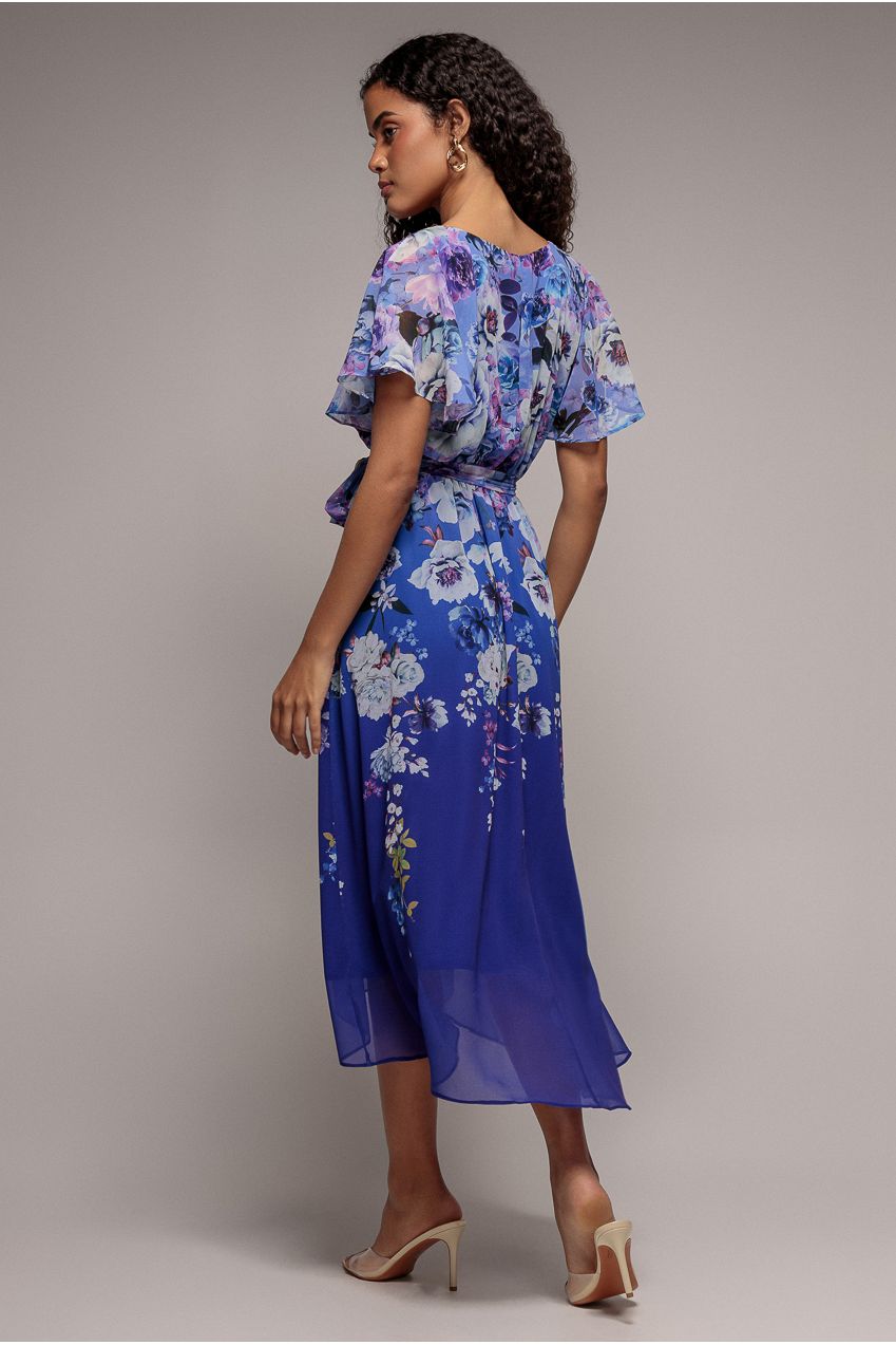 Goddiva Flutter Sleeve A-Line Chiffon Floral Printed Midi Dress - Royal Blue