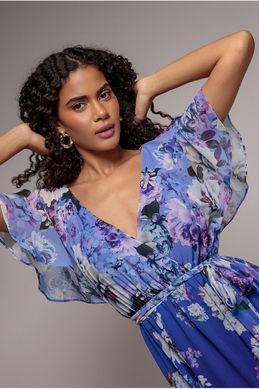 Goddiva Flutter Sleeve A-Line Chiffon Floral Printed Midi Dress - Royal Blue