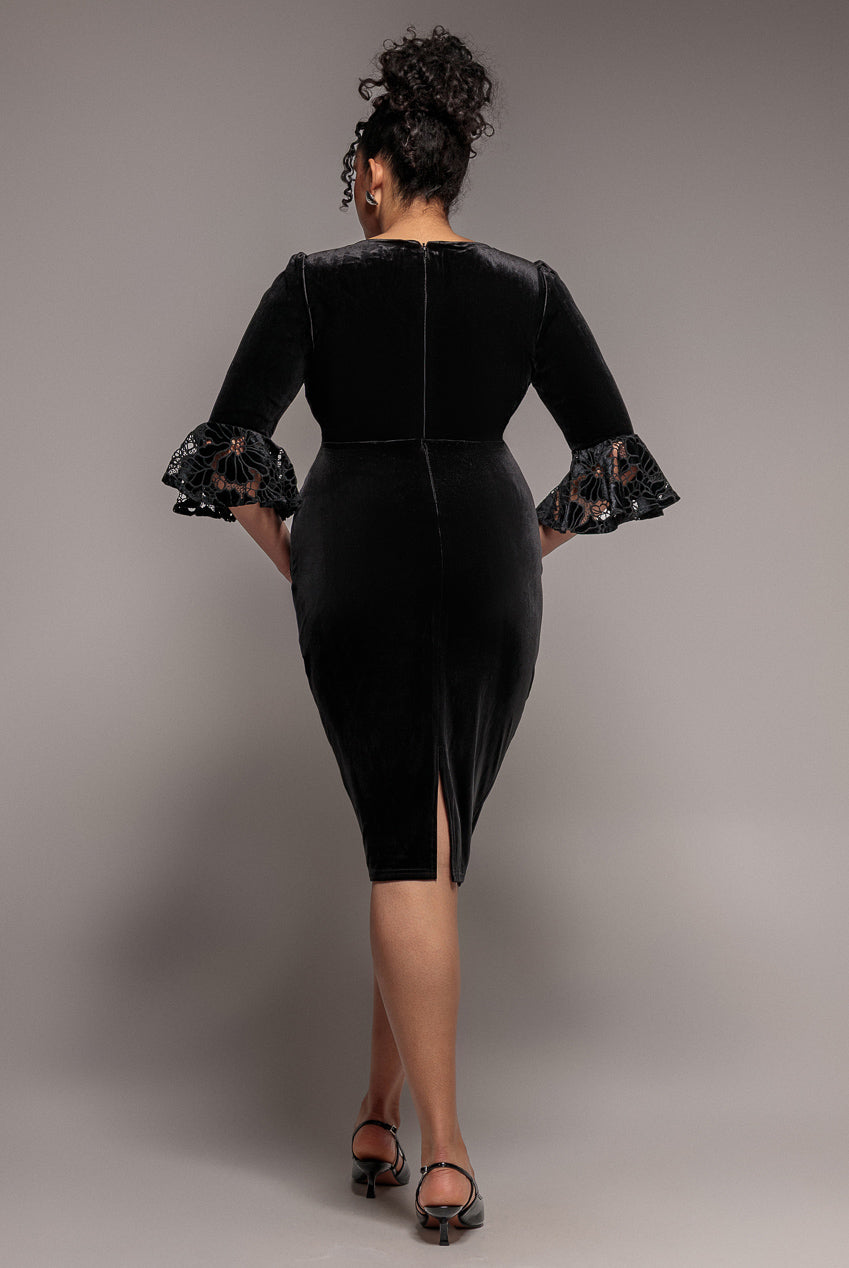 Goddiva Plus Crochet Velvet Wrap Midi Dress - Black