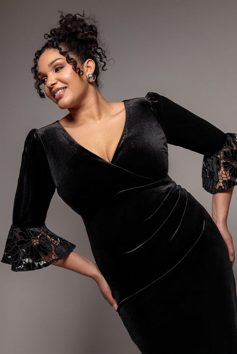 Goddiva Plus Crochet Velvet Wrap Midi Dress - Black