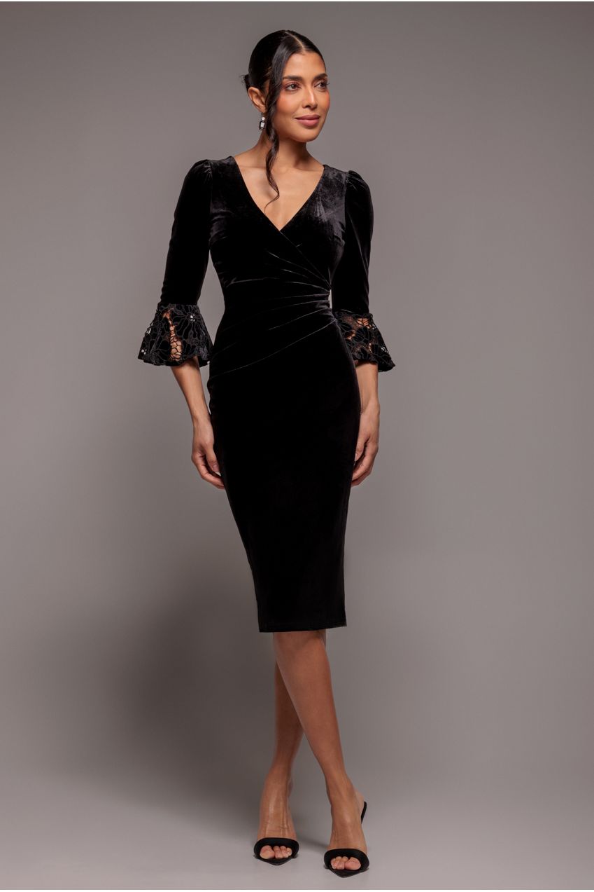 Crochet Velvet Wrap Midi Dress - Black | Goddiva US Crochet Velvet Wrap Midi Dress - Black | Goddiva US