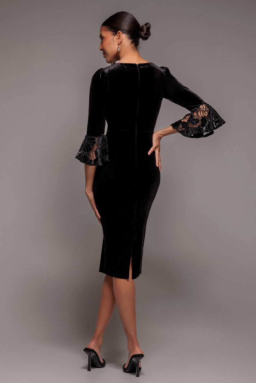 Goddiva Crochet Velvet Wrap Midi Dress - Black