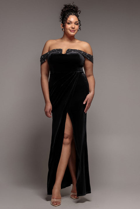 Goddiva Plus Off Shoulder Hotfix Diamante Wing Velvet Maxi Dress - Black