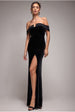 Goddiva Off Shoulder Hotfix Diamante Wing Velvet Maxi Dress - Black