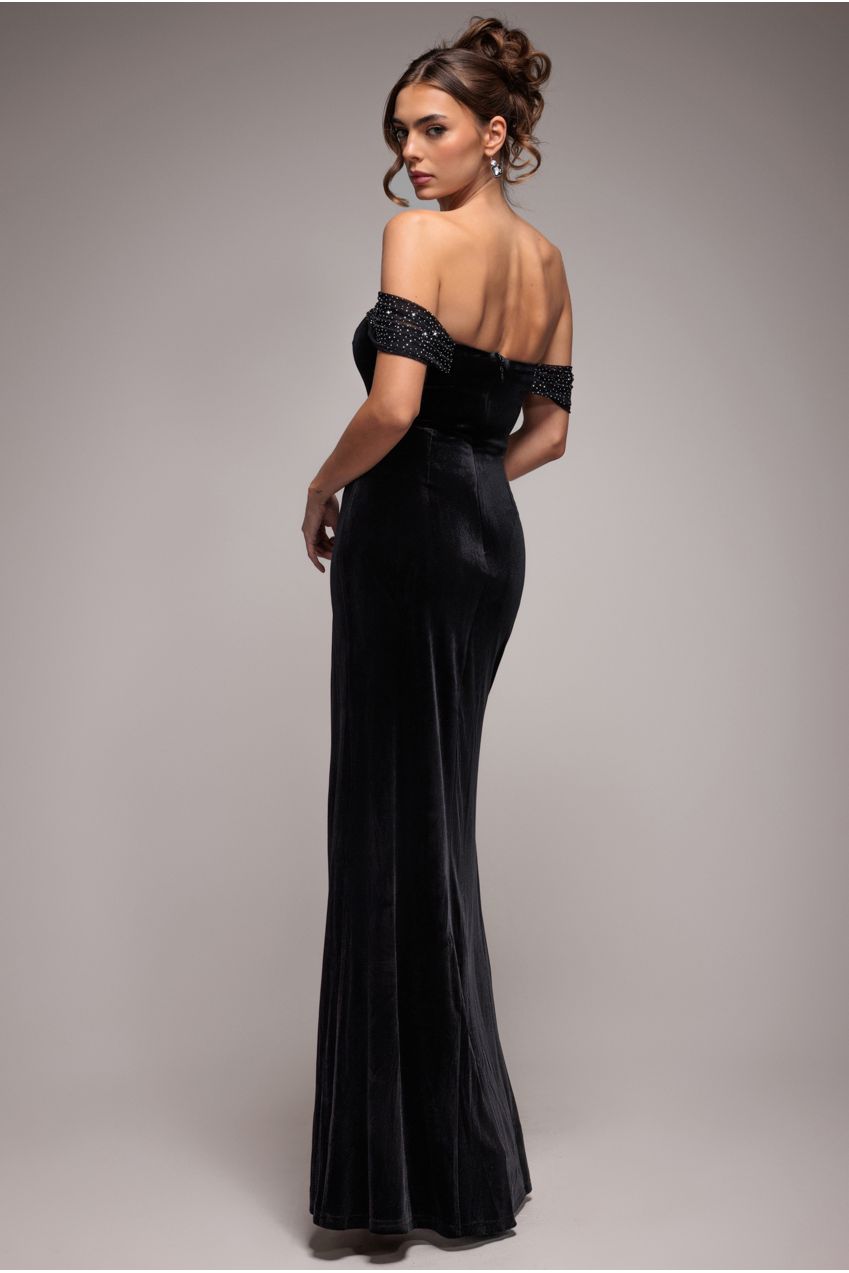 Goddiva Off Shoulder Hotfix Diamante Wing Velvet Maxi Dress - Black