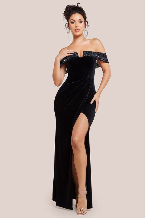 Goddiva Off Shoulder Hotfix Diamante Wing Velvet Maxi Dress - Black