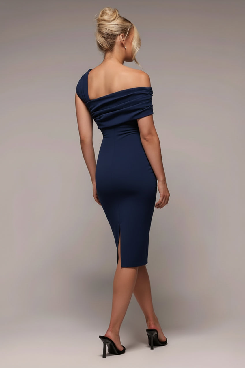 Goddiva Scuba Crepe Pleated Drop Shoulder Midi Dress - Navy Blue