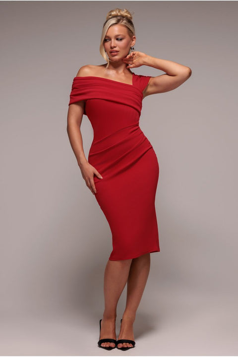 Goddiva Scuba Crepe Pleated Drop Shoulder Midi Dress - Red