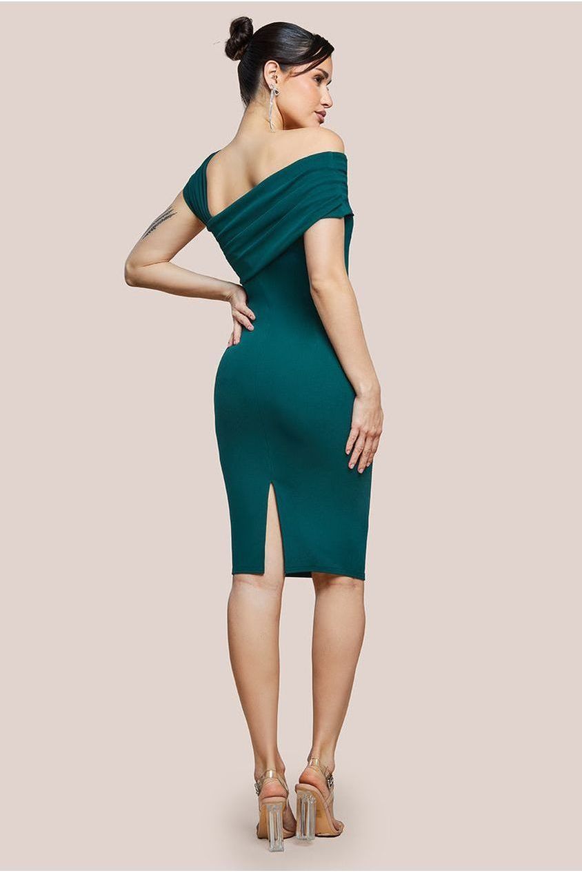 Goddiva Scuba Crepe Pleated Drop Shoulder Midi Dress - Emerald Green