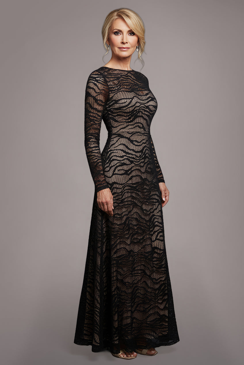 Goddiva Geo Wave Flare Skirt Long Sleeve Maxi Dress - Black