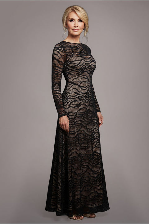 Goddiva Geo Wave Flare Skirt Long Sleeve Maxi Dress - Black