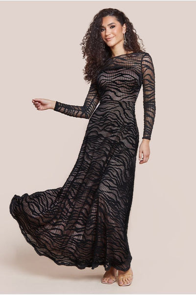 Black - Goddiva Geo Wave Flare Skirt Long Sleeve Maxi Dress - Black