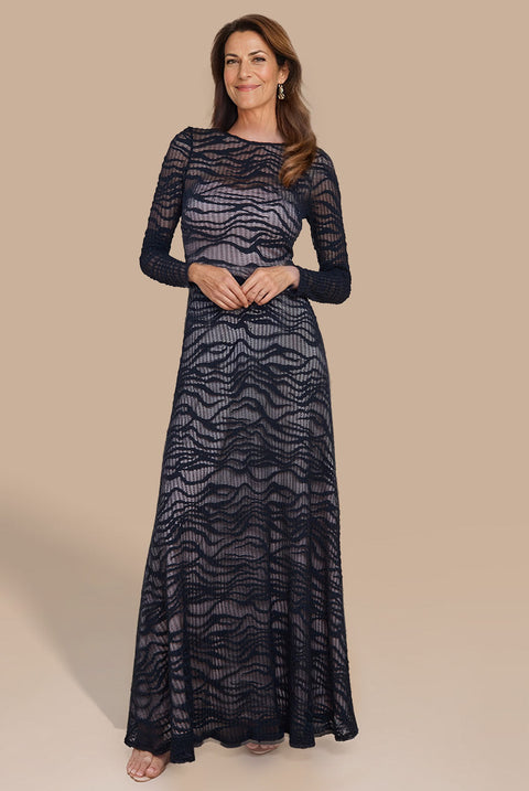 Goddiva Geo Wave Flare Skirt Long Sleeve Maxi Dress - Black