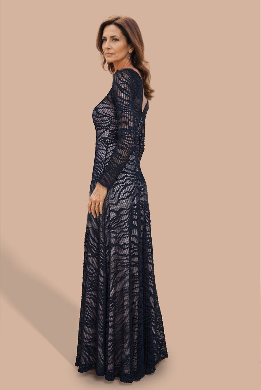 Goddiva Geo Wave Flare Skirt Long Sleeve Maxi Dress - Black
