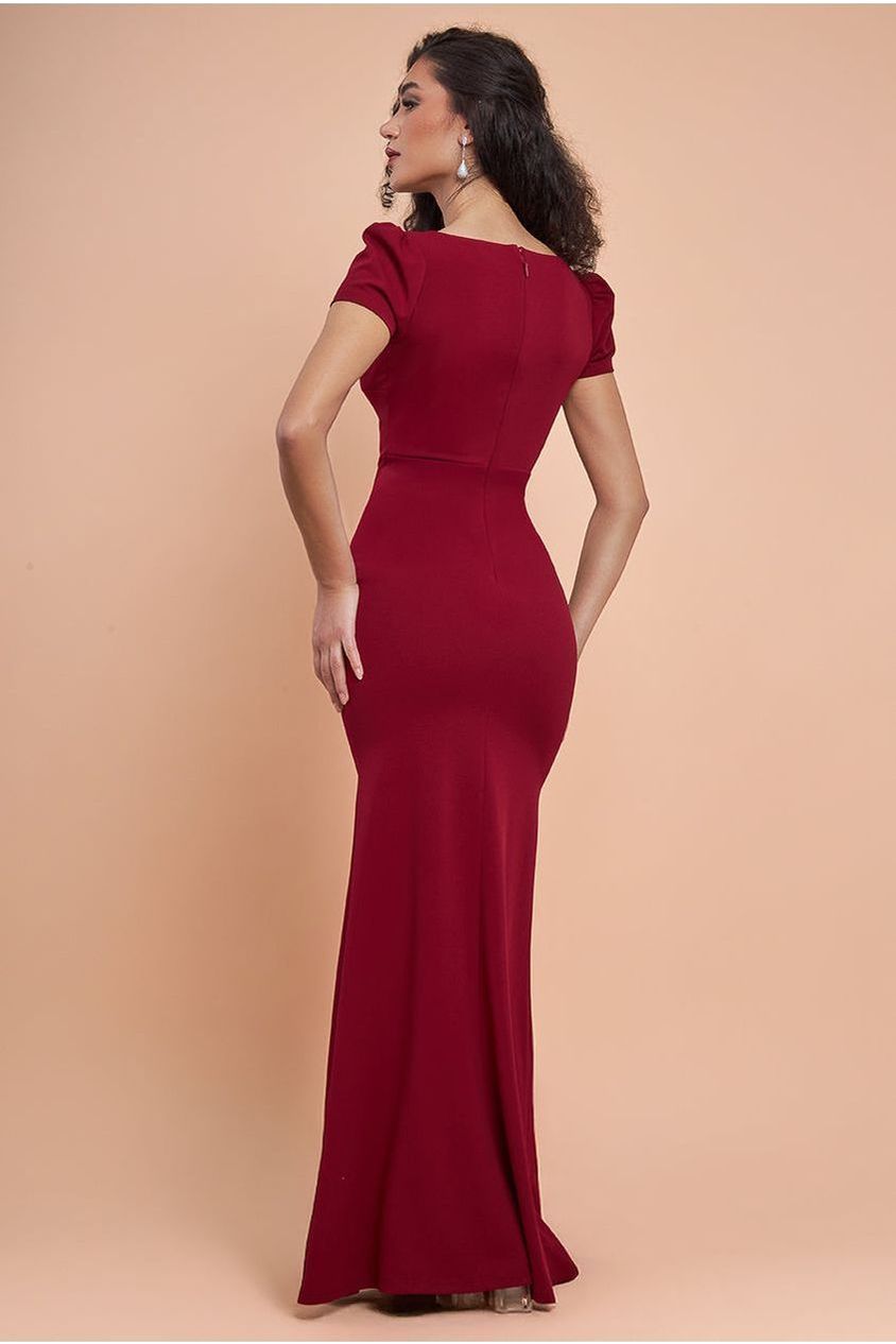 Goddiva Diamante Embellished Bow Scuba Crepe Maxi Dress - Wine