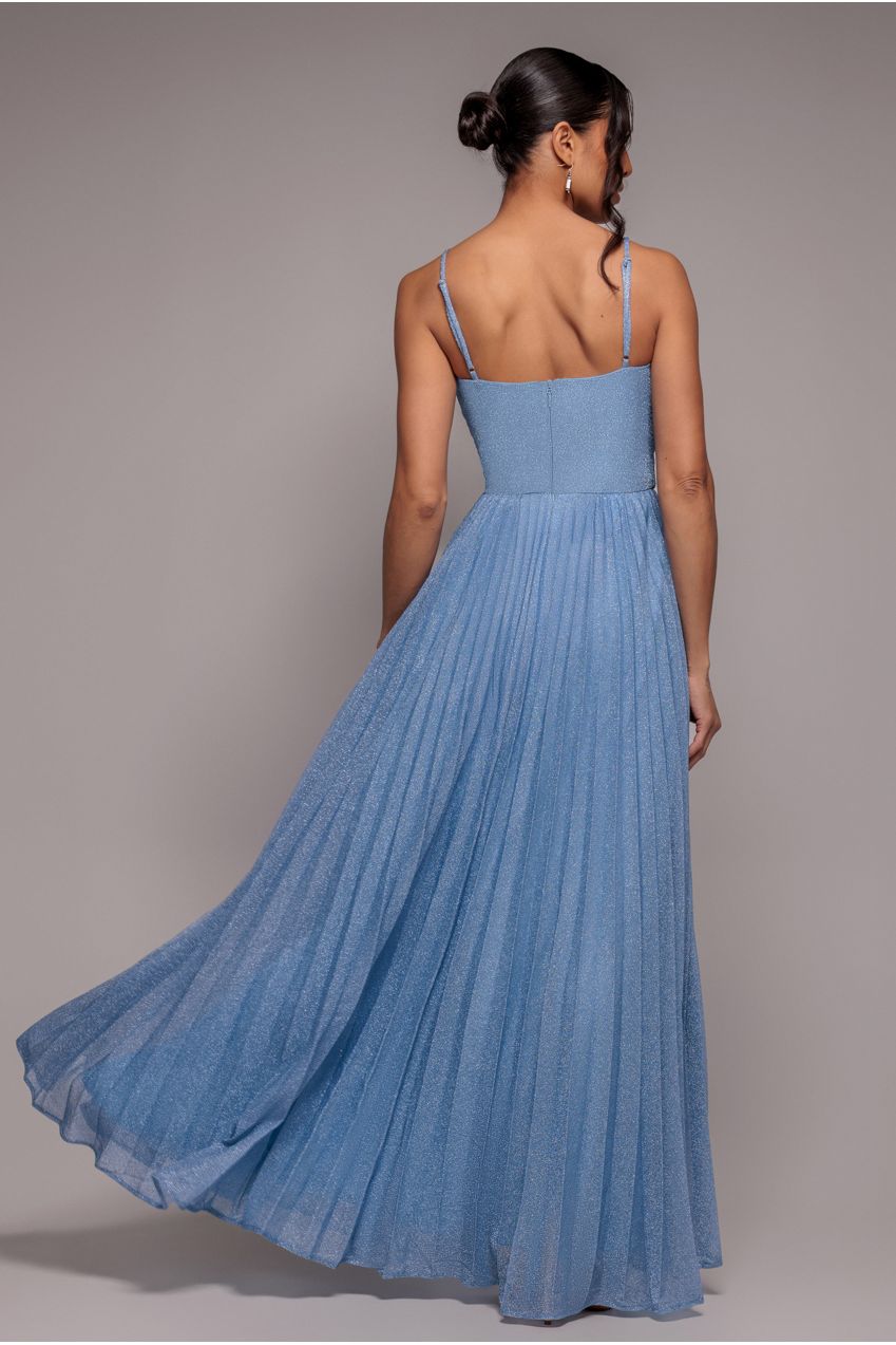 Goddiva Sleeveless Pleated A Line Lurex Maxi Dress - Blue