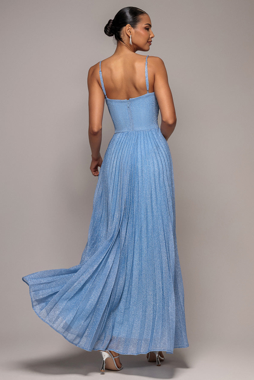 Goddiva Sleeveless Pleated A Line Lurex Maxi Dress - Blue