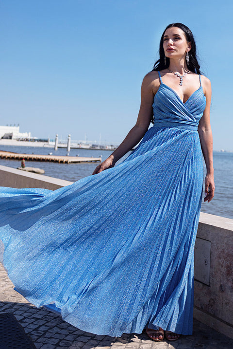 Goddiva Sleeveless Pleated A Line Lurex Maxi Dress - Blue