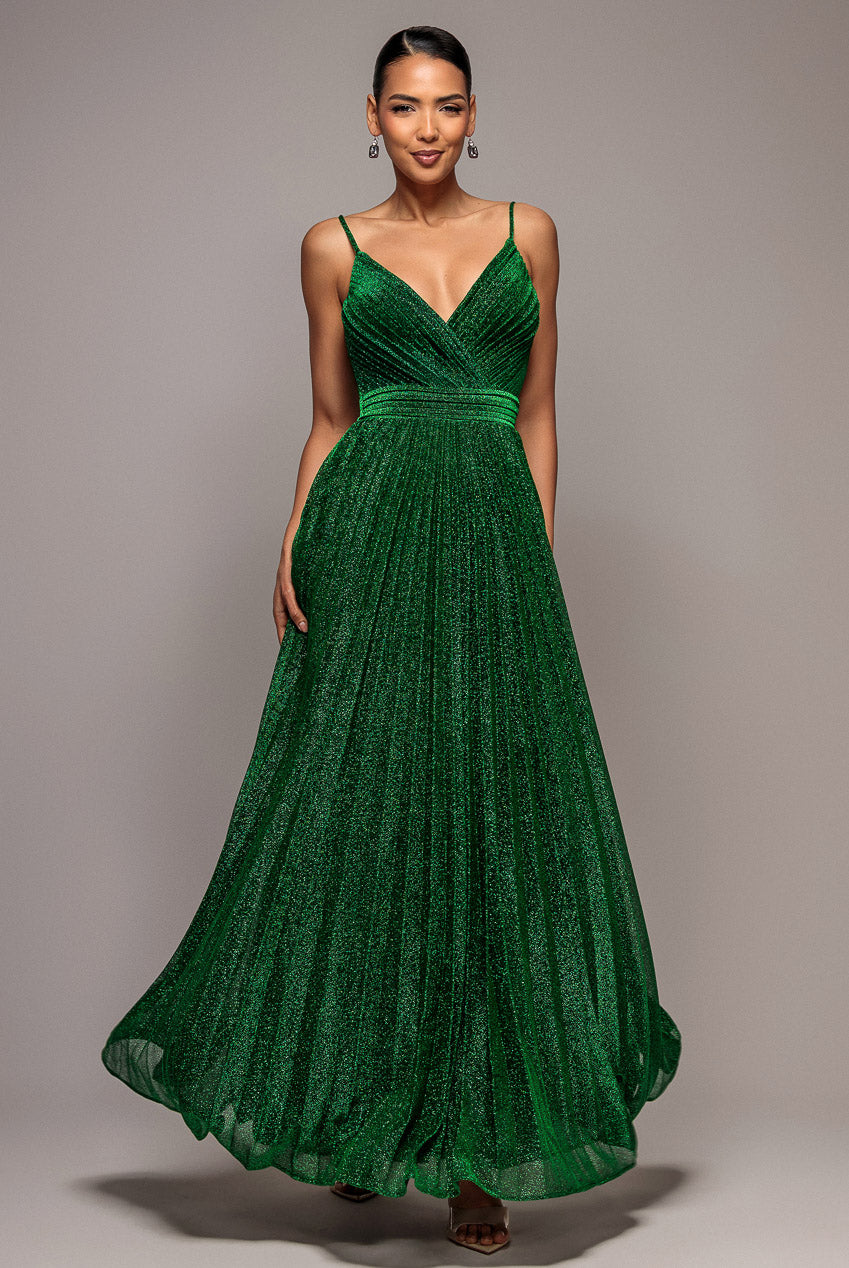 Goddiva Sleeveless Pleated A Line Lurex Maxi Dress - Emerald Green