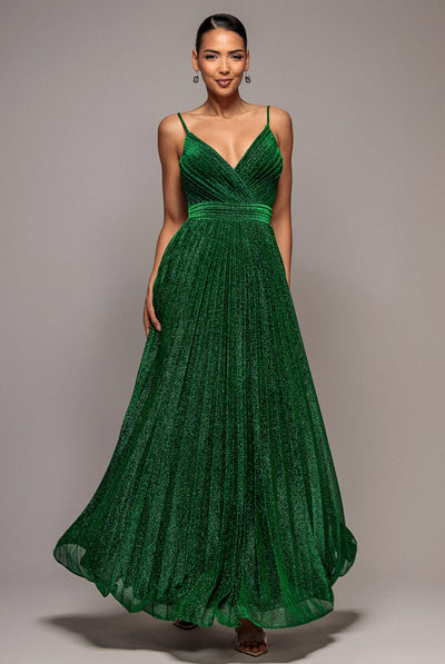 Goddiva Sleeveless Pleated A Line Lurex Maxi Dress - Emerald Green