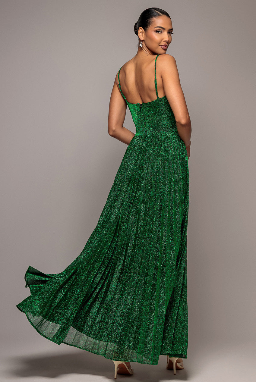 Goddiva Sleeveless Pleated A Line Lurex Maxi Dress - Emerald Green