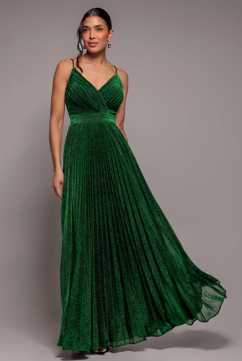 Goddiva Sleeveless Pleated A Line Lurex Maxi Dress - Emerald Green