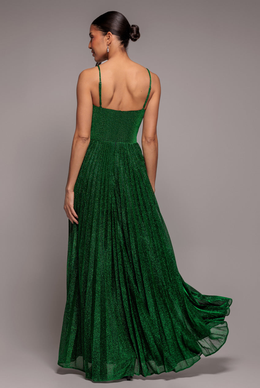 Goddiva Sleeveless Pleated A Line Lurex Maxi Dress - Emerald Green