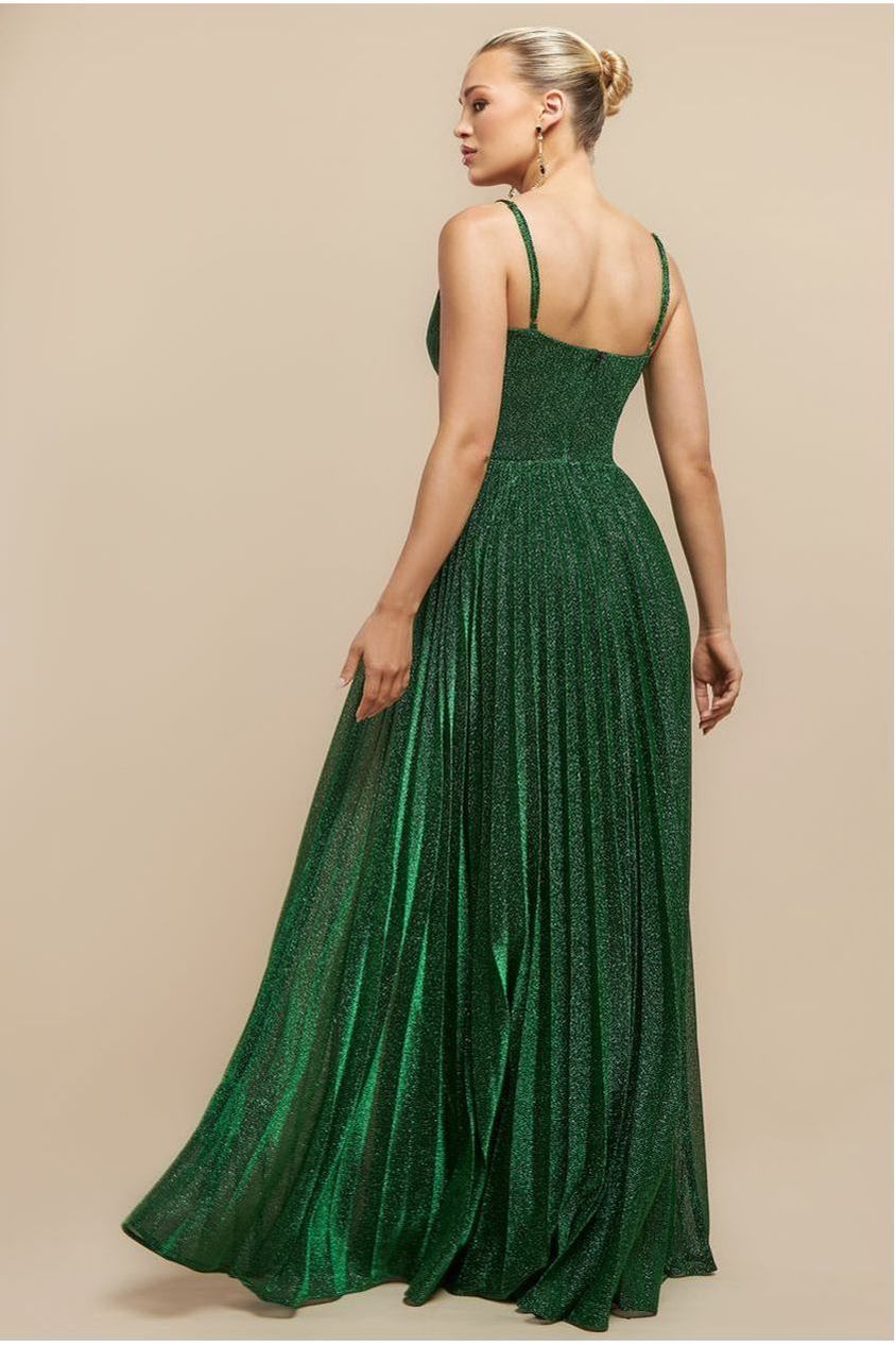 Goddiva Sleeveless Pleated A Line Lurex Maxi Dress - Emerald Green