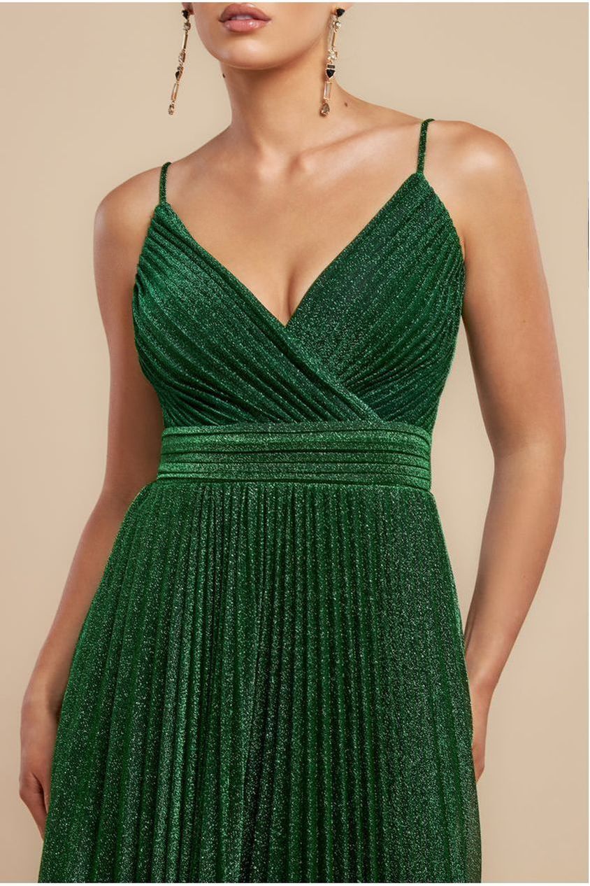 Goddiva Sleeveless Pleated A Line Lurex Maxi Dress - Emerald Green