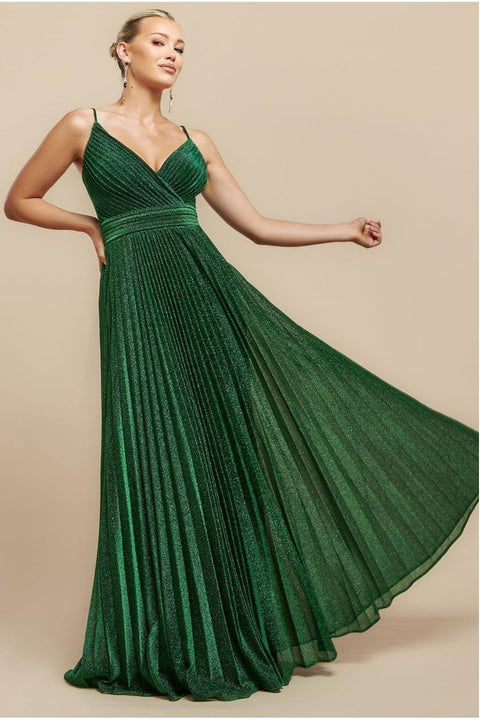 Goddiva Sleeveless Pleated A Line Lurex Maxi Dress - Emerald Green