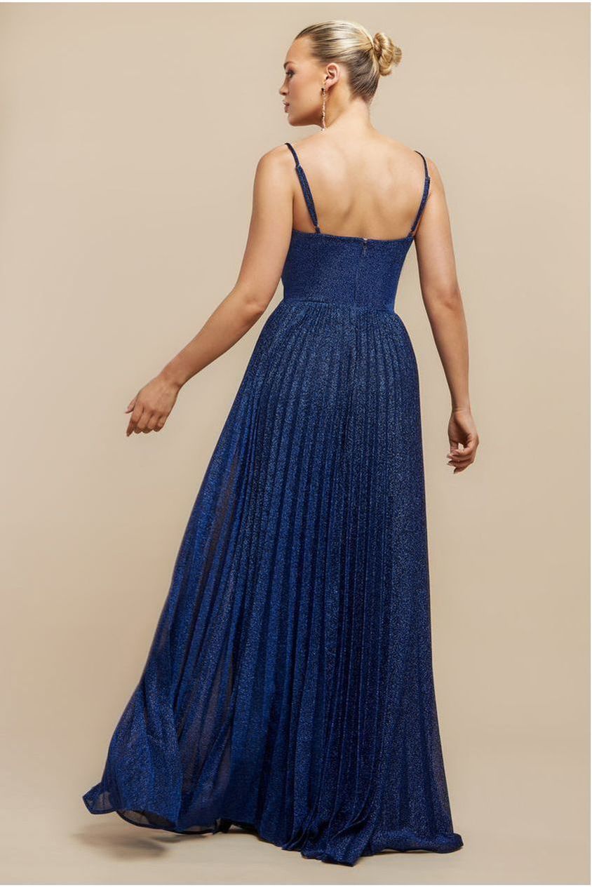 Goddiva Sleeveless Pleated A Line Lurex Maxi Dress - Navy Blue