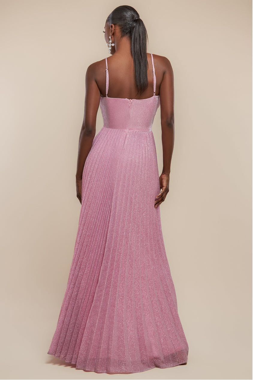 Goddiva Sleeveless Pleated A Line Lurex Maxi Dress - Pink